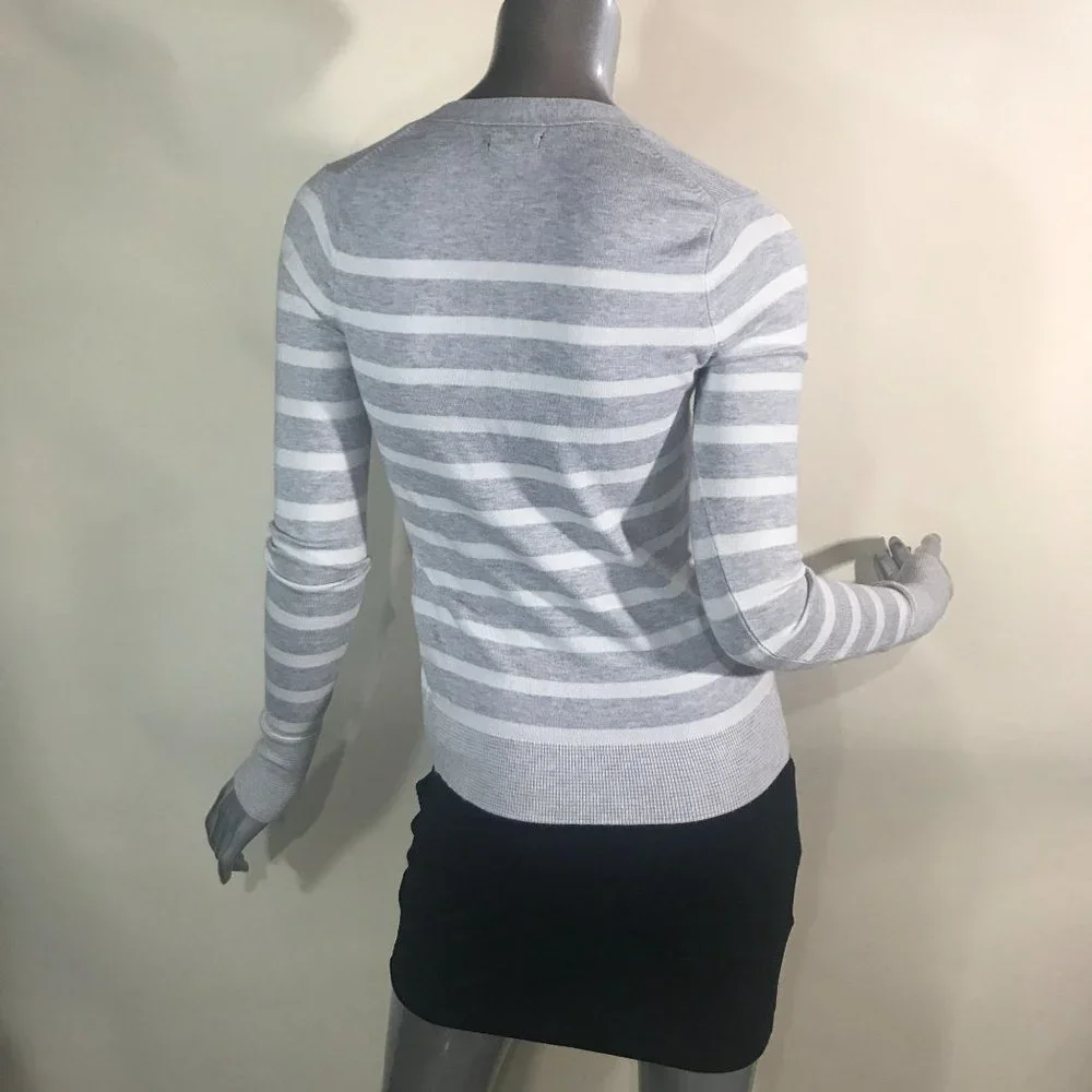 Express Women's XS Grey White Striped V Neck Cardigan Sweater Thin Knit Rhinesto